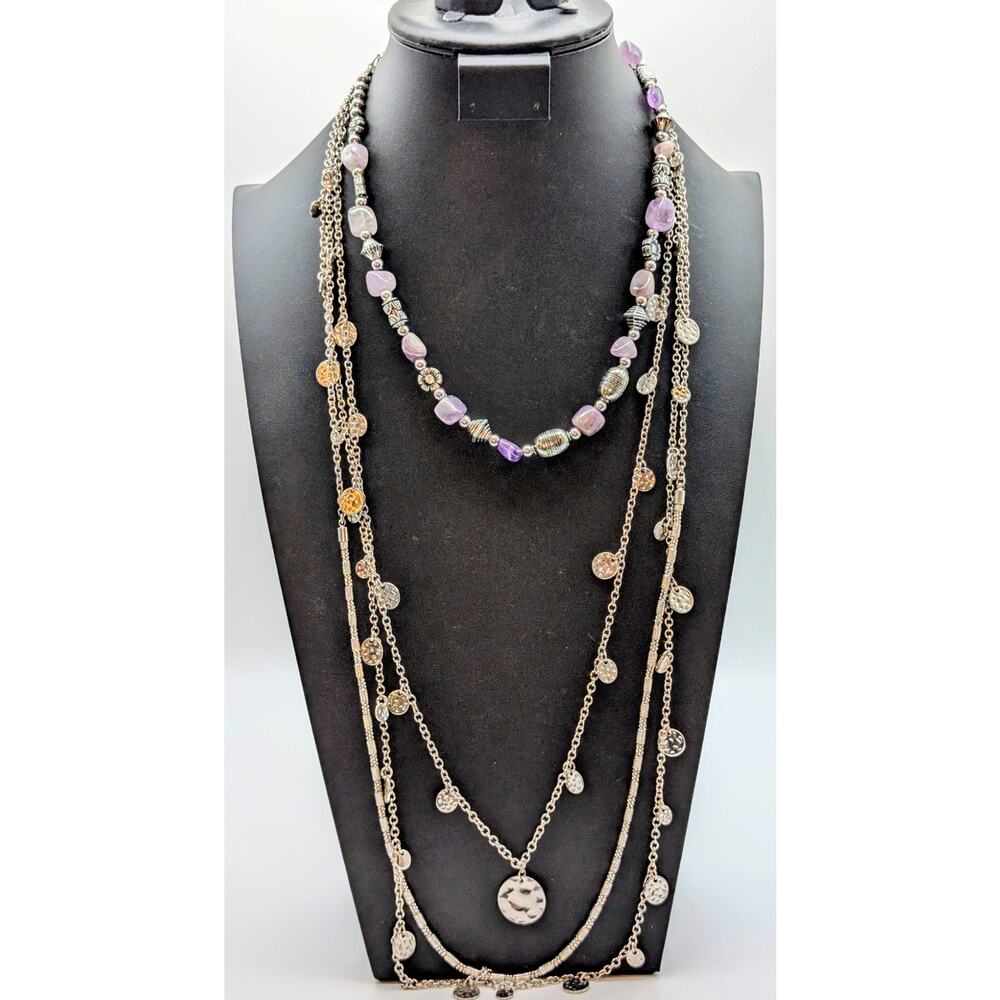 Layers of Amethyst & Silver Tone Beads & Multi Chain Dangle Necklaces
